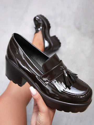 Women Shoes Tassel Decoration Thick Soled Fashion Versatile Black Loafers