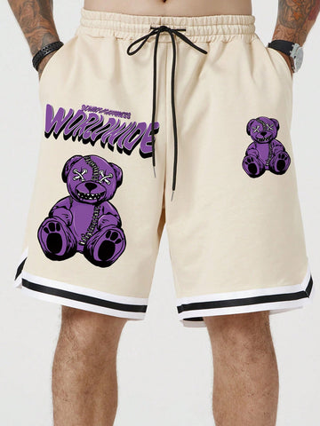 Men Bear Pattern Printed Basketball Shorts, Suitable For Daily Wear In Spring And Summer
