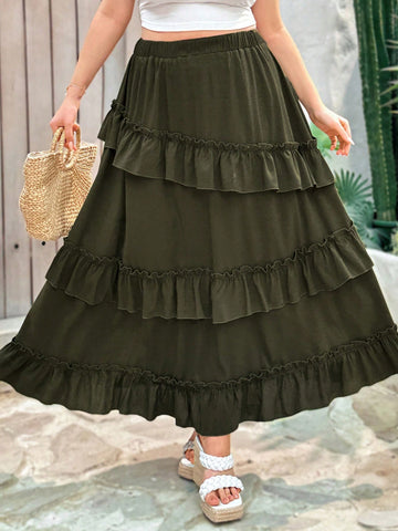 WYWH Women Plus Size Olive Green Ruffled Hem Half-Body Long Skirt For Vacation