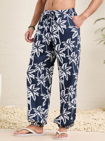 Men Knitted Casual Wide Leg Beach Vacation Pants With Coconut Palm Tree Pattern