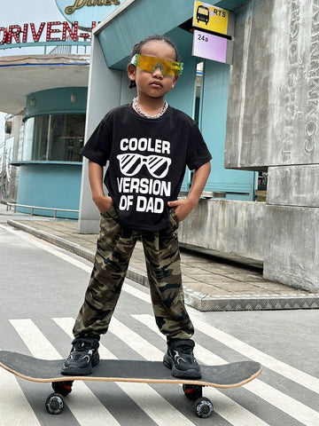 Young Boy Glasses & Slogan Graphic Tee & Camo Print Sweatpants