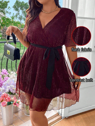 Plus Solid Color V-Neck Contrast Mesh Dress Summer Elegant