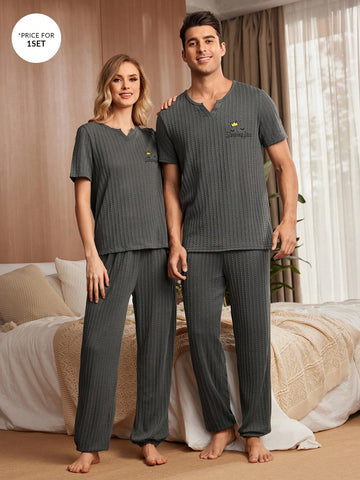 Men's Homewear Set With Alphabet Embroidery Short Sleeve And Long Pants