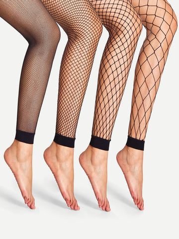 4pairs High-Rise Fishnet Design Stockings, Black Tights