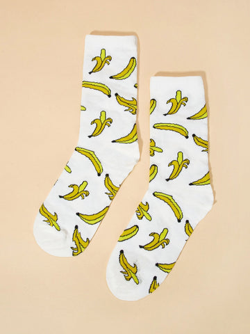 1pair Women's Cute & Fun Banana Cartoon Pattern Comfortable Mid-calf Socks For Spring And Autumn