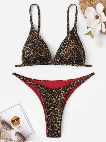 Summer Beach Leopard Triangle Thong Bikini Swimsuit