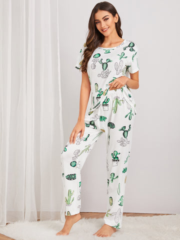 Cactus Print Pajama Set With Eye Cover