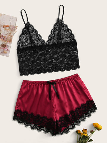 Plus Floral Lace Cami Top With Satin Shorts