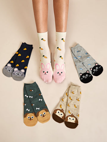 5pairs/Set Cute Animal Print Mid-Calf Socks