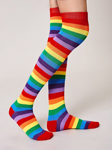 1pair Women's Multicolored Rainbow Striped Over Knee High Socks For Everyday Wear