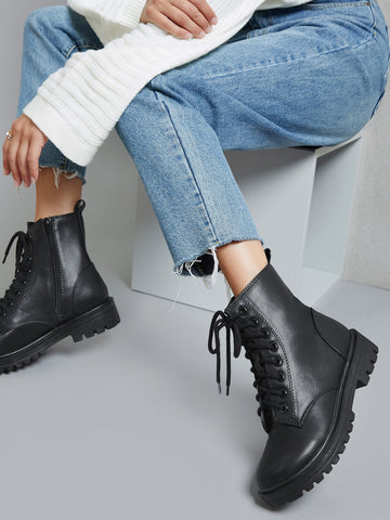 Faux Leather Laced Combat Boots