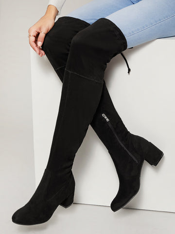Almond Toe Low Chunky Heel Over The Knee Boots