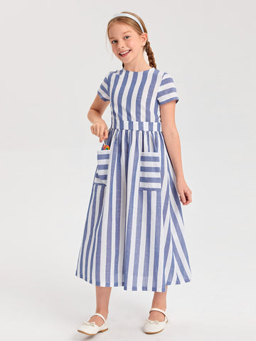 Girls Striped Patch Pocket Dress