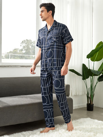 Men Geo Print Button Front Satin Pajama Set