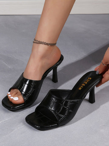 Women Black Crocodile Pattern Sandals, Elegant Open Toe Stiletto Heeled Mule Sandals