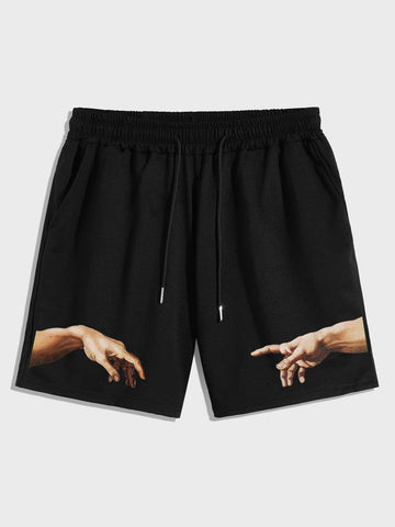 Men Hands Print Drawstring Waist Shorts