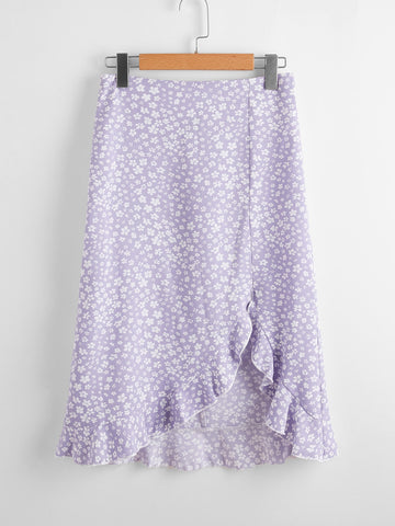 Asymmetrical Ruffle Hem Ditsy Floral Skirt