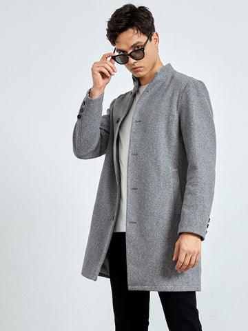 Men Slant Pocket Button Front Wool-Mix Fabric Jacket