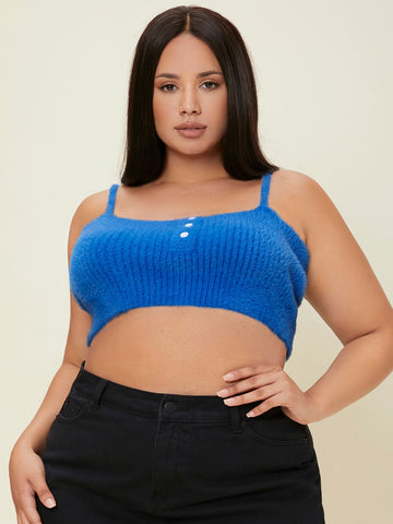 Plus Single Breasted Crop Fluffy Knit Top