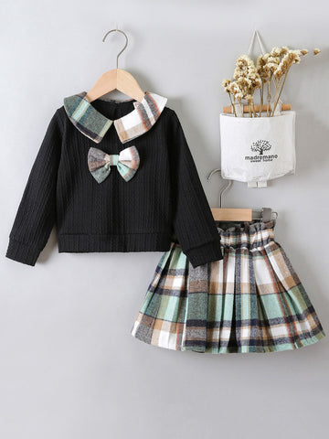 Young Girl Bow Front Contrast Collar Sweatshirt & Paper Bag Waist Pleated Skirt
