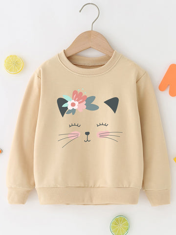 Young Girl Cartoon Cat Print Sweatshirt