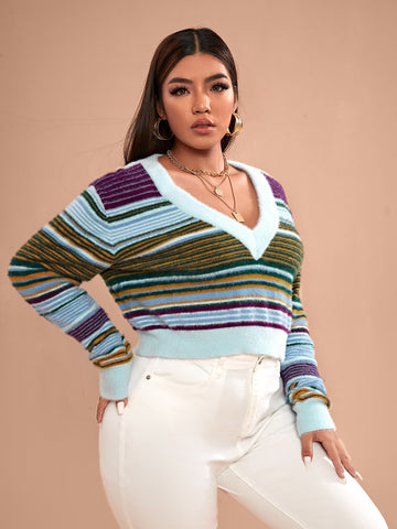 Plus V-neck Striped Sweater