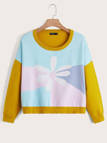 Plus Color Block Floral Pattern Sweater