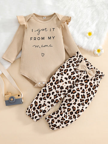 Baby Girl Slogan Graphic Ruffle Trim Bodysuit & Leopard Bow Front Pants