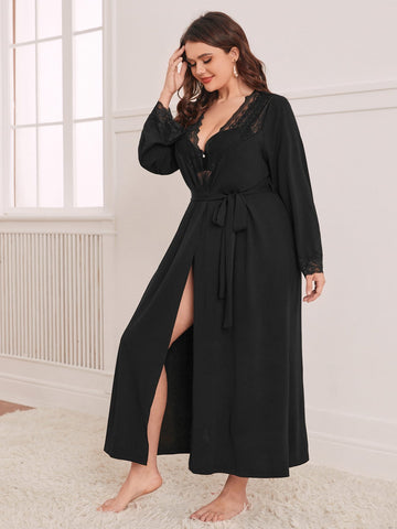 Plus Contrast Lace Belted Robe Without Lingerie