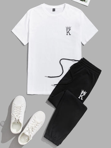 Men Cotton Letter Graphic Sweatshirt & Drawstring Sweatpants Set