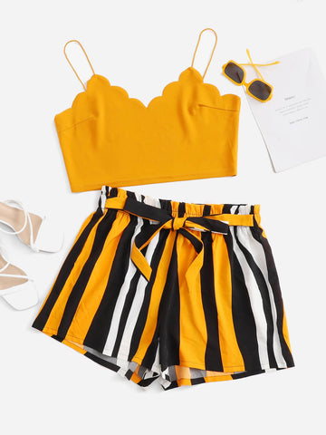 Plus Scallop Trim Cami Top & Paperbag Waist Belted Striped Shorts Set