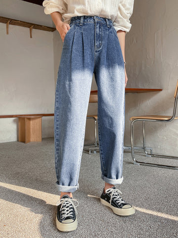 High Waist Washed Straight Leg Jeans