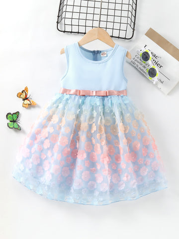 Young Girl Floral Appliques Bow Front Dress