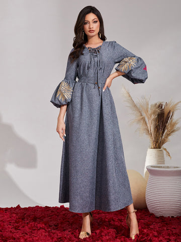 Tie Neck Floral Embroidery Lantern Sleeve Dress