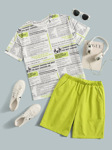 Tween Boy Newspaper Print Tee & Shorts