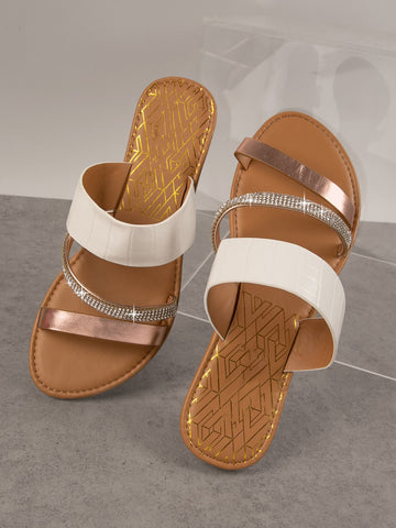 Open Toe Multi Straps Rhinestone Flat Sandals