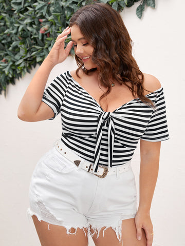 Plus Off-shoulder Striped Knot Front Tee