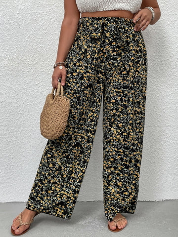 Plus Ditsy Floral Print Belted Wide Leg Pants