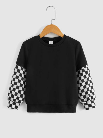 Young Boy Plaid Sleeve Patchwork Round Neck Long Sleeve Sweatshirt, Suitable For Autumn And Winter Seasons