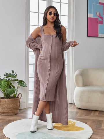 Maternity Button Front Bodycon Dress & Drop Shoulder Open Front Coat