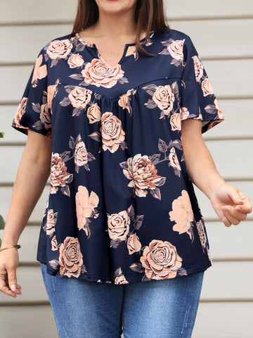 Plus Floral Print Notched Neck Popover Tee