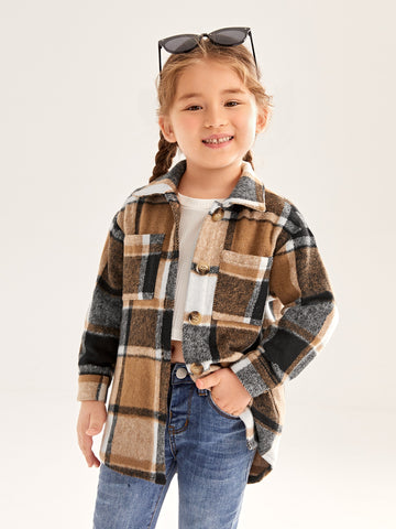 Young Girl Plaid Print Pocket Patched Overcoat