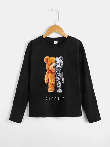Casual Knitted Round Neck Long Sleeve Tween Boys' Bear & Letter Print T-Shirt