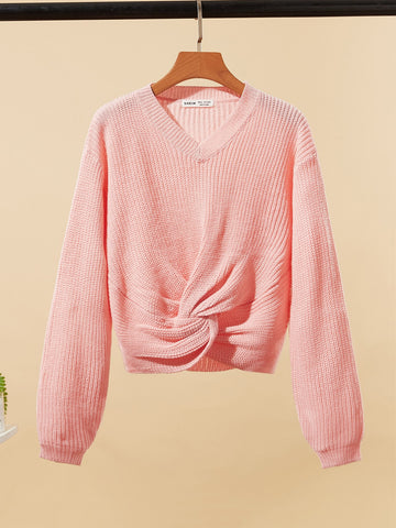 Teen Girls Solid Twist Front Drop Shoulder Sweater