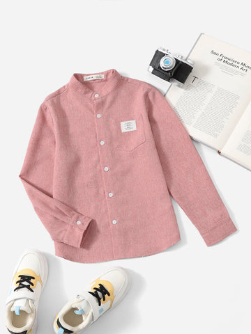 Tween Boy Stand Collar Button Up Shirt With Pockets And Letter Patchwork