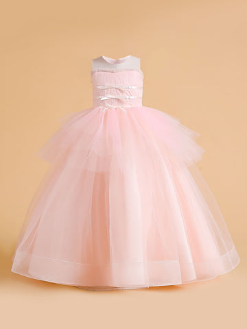 Tween Girl Long Formal Dress With Layered Mesh, Solid Satin Fabric And Puffy Skirt Design, Elegant And , Suitable For Wedding And Party