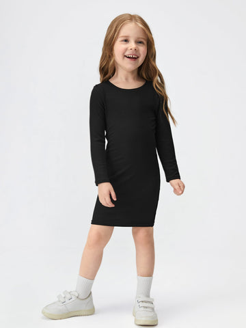 Young Girl Knitted Soft Casual Round Neck Slim Fit Long Sleeve Dress, All-Match Style