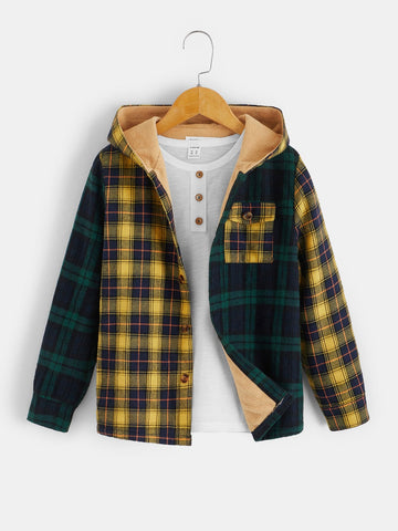 Boys Plaid Print Teddy Lined Hooded Coat Without Tee
