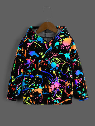Young Boy Reflective Splatter Print Long Sleeved Hoodie, Great For Casual & Daily Wear In Autumn Winter Season