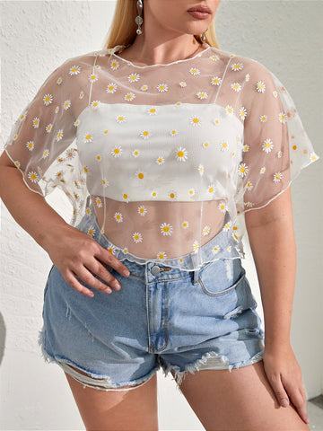 Plus Daisy Print Sheer Top Without Bra